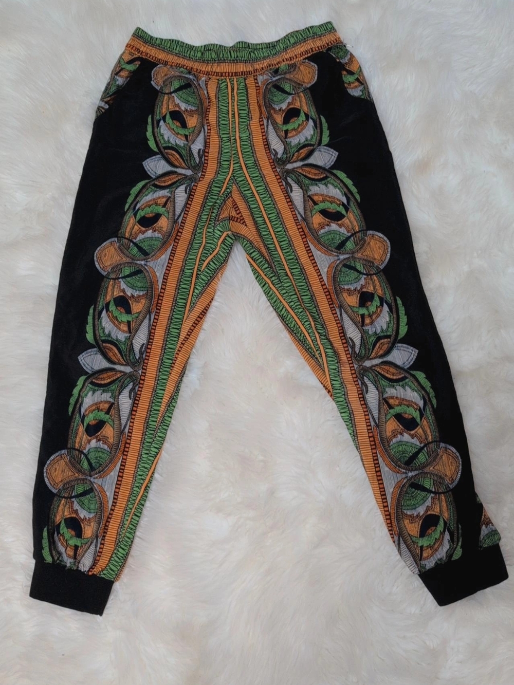 Satin Black Printed Jogger Pants with Orange Green Detail
